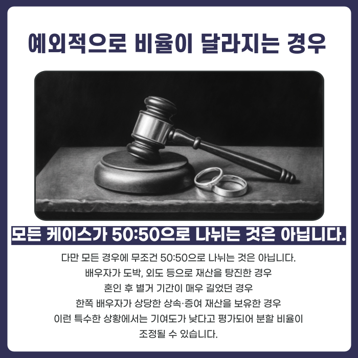 재산분할 비율이 예외적으로 비율이 달라지는 경우 설명하는 이미지