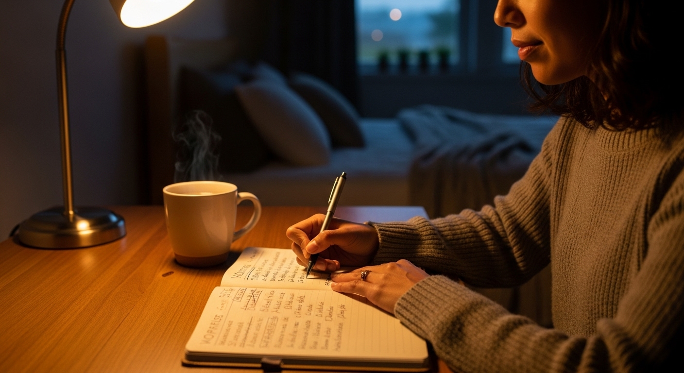 저녁 시간에 책상에 앉아 차분하게 '걱정 노트'를 작성하며 머릿속의 불안을 정리하는 모습.