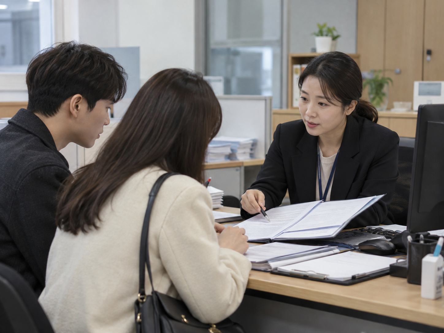 숙박업 신고와 관광사업 등록 절차를 확인하기 위해 행정기관에서 상담받는 모습