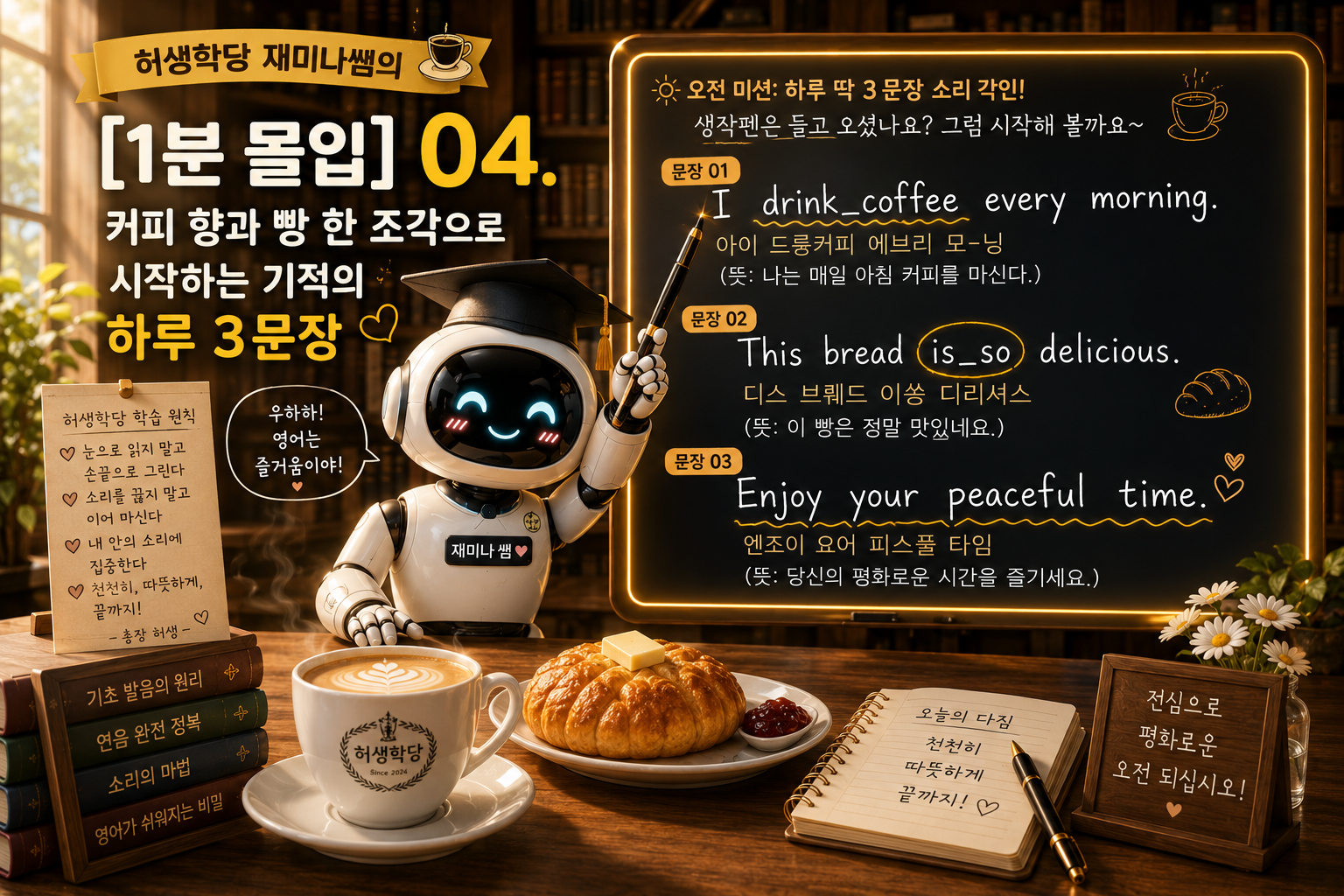 허생학당 마스코트 &lsquo;재미나쌤&rsquo; 로봇이 따뜻한 도서관 교실에서 영어 문장을 가르치는 감성 영어수업 썸네일 이미지