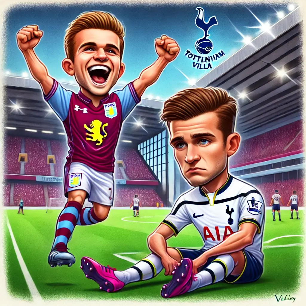 축구장에서 애스턴 빌라 선수는 승리를 기뻐하고, 토트넘 선수는 실망하는 모습