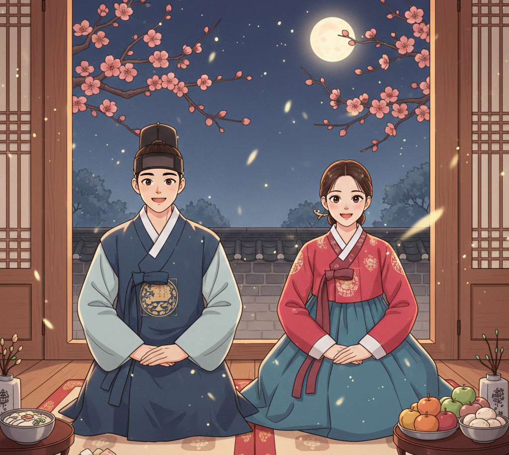 보름달이 뜬 밤, 벚꽃이 핀 한옥 대청마루에서 한복을 차려입은 남녀가 정면을 바라보며 정중하게 새해 절을 올리는 모습의 따뜻하고 정겨운 애니메이션 일러스트