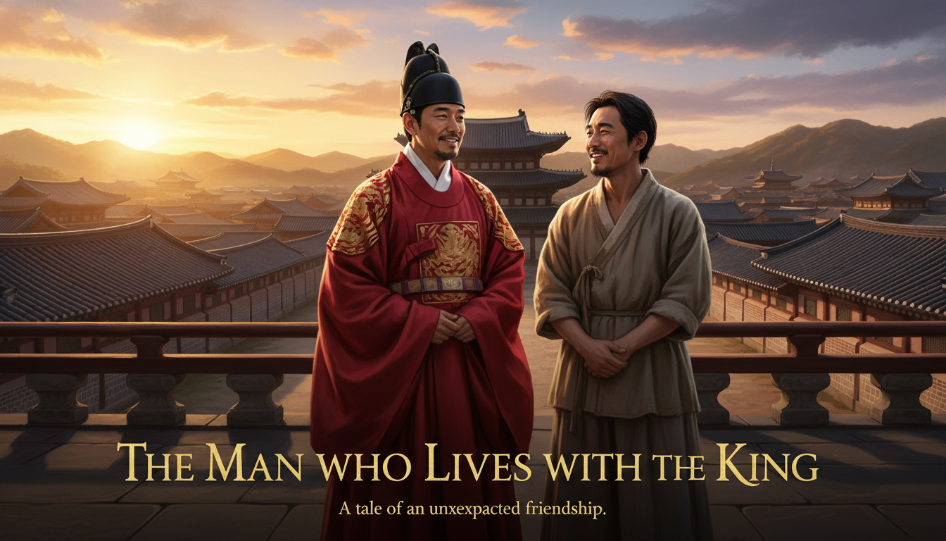 영화 왕과 사는 남자 포스터 컨셉 이미지, 곤룡포를 입은 왕과 평민 복장의 남자가 나란히 서서 먼 곳을 바라보는 따뜻한 배경