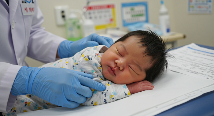 아기가 진료 후 편안히 쉬는 장면