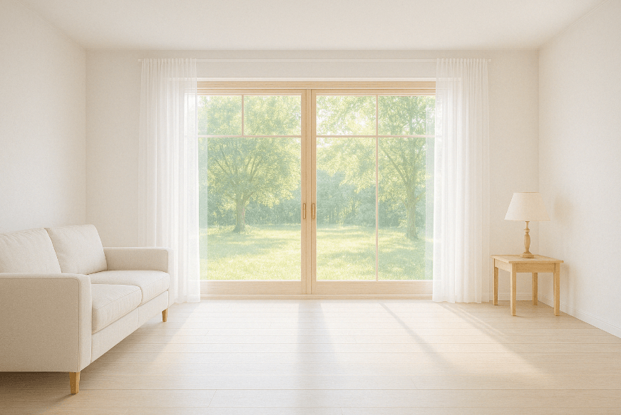 큰 창 밖으로 수풀이 우거진 정원이 보이고 햇살이 환하게 쏟아져들어오는 거실 이미지