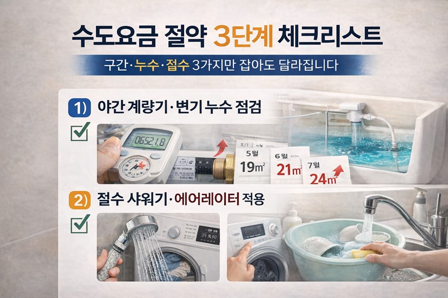 수도요금을 줄이기 위해 누수 점검, 절수 제품 적용, 생활 습관 루틴화를 3단계 체크리스트로 정리한 수도요금 절약 안내 이미지입니다.