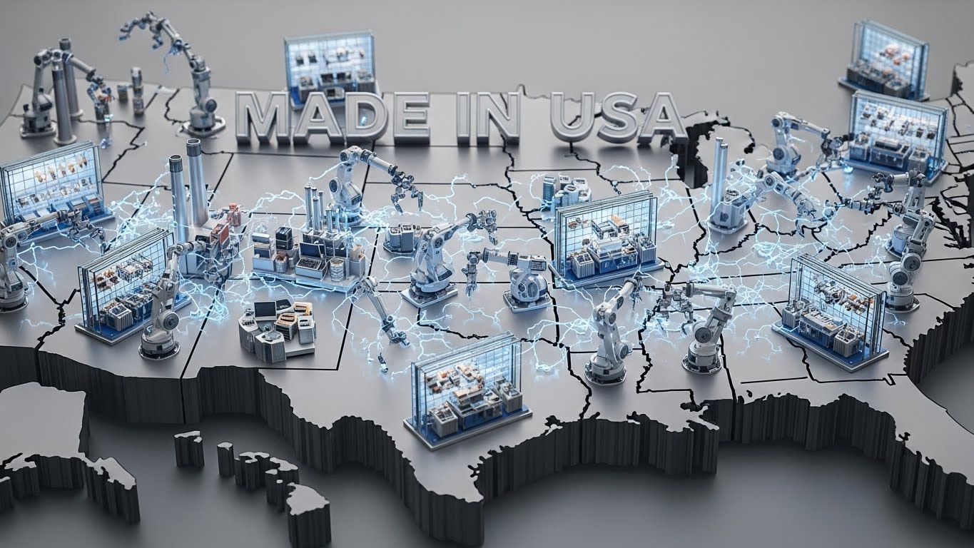 미국 본토 지도 위에 최첨단 로봇 팔들이 쉴 새 없이 움직이며 제품을 조립하는 스마트 팩토리 전경