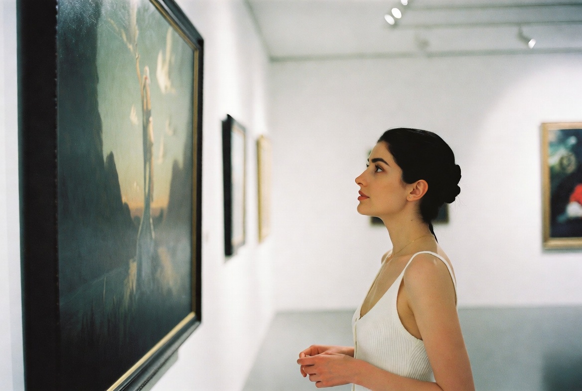 전시회에서 그림을 보고 있는 여성의 모습 ai 이미지