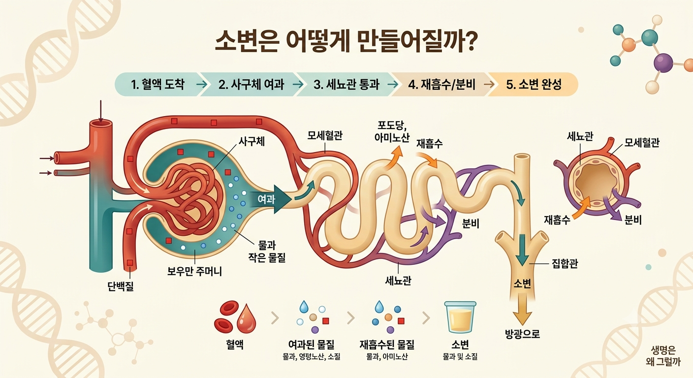 혈액이 사구체로 들어와 여과되고, 세뇨관에서 물과 필요한 물질은 다시 혈액으로 재흡수되며, 남은 노폐물과 여분의 물이 소변으로 남는 과정을 보여주는 네프론 인포그래픽