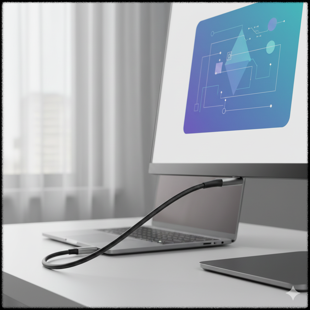 USB-C 케이블로 외부 모니터에 연결한 모습