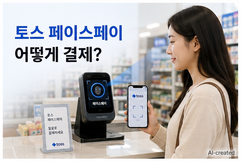 토스 페이스페이 결제방법을 확인하며 매장에서 얼굴결제를 시도하는 상황 이미지