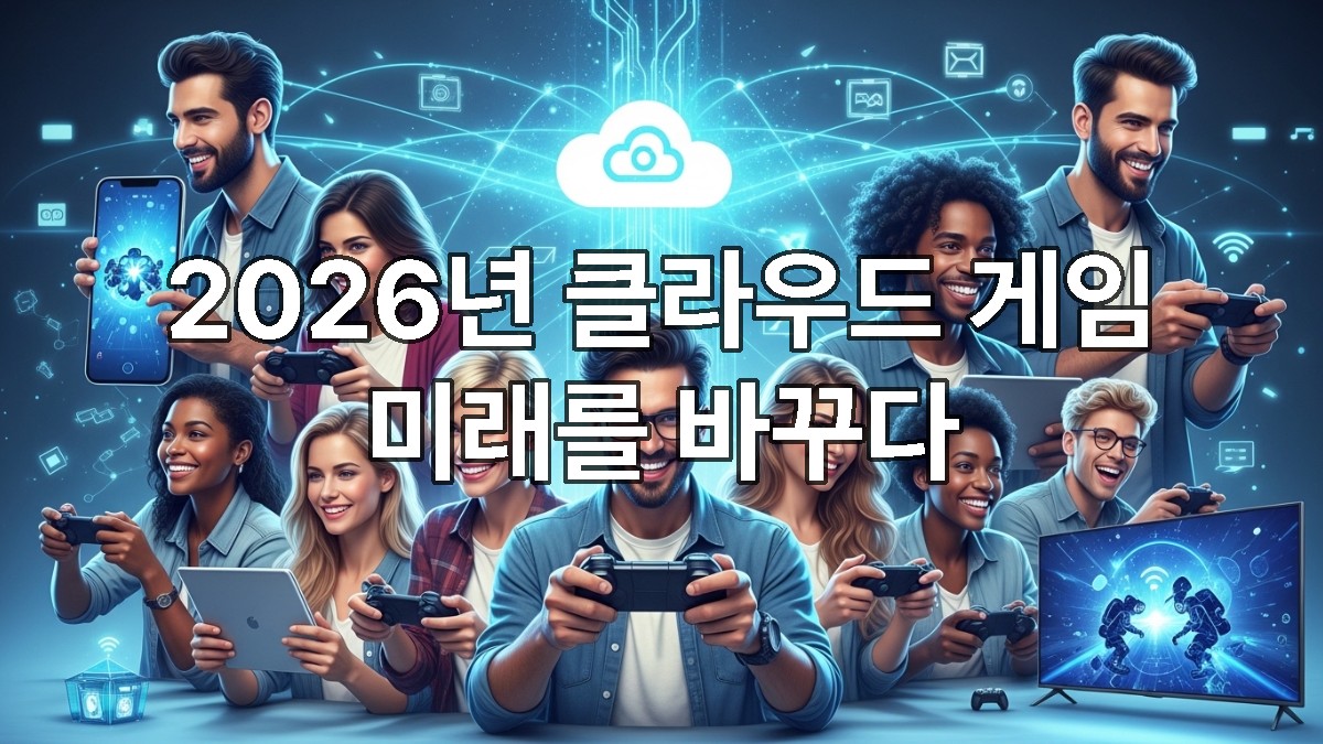 스마트폰, 태블릿, 스마트 TV 등 다양한 기기에서 사람들이 클라우드 게임을 즐기는 미래적인 모습