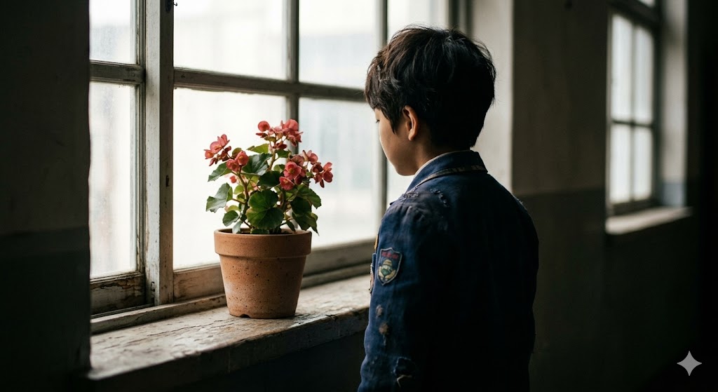 창가에 놓인 작은 베고니아 화분과 그것을 조심스럽게 응시하는 소년의 쓸쓸한 뒷모습