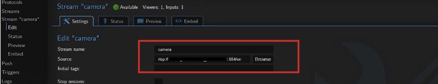Pull Input 스트림 설정 화면 예시