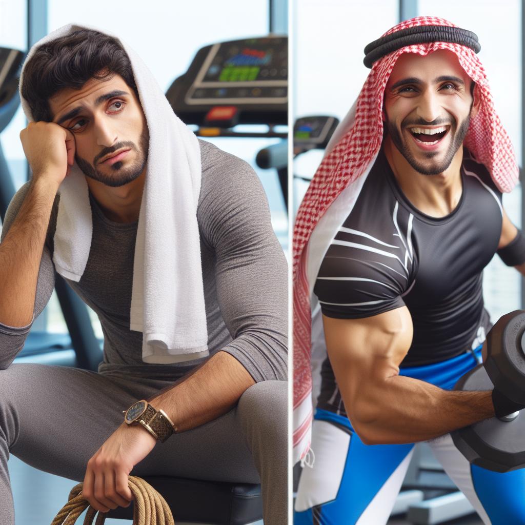 다이어트 정체기에 빠저 우울한 모습과 정체기 극복 후 즐거워하는 남성의 모습