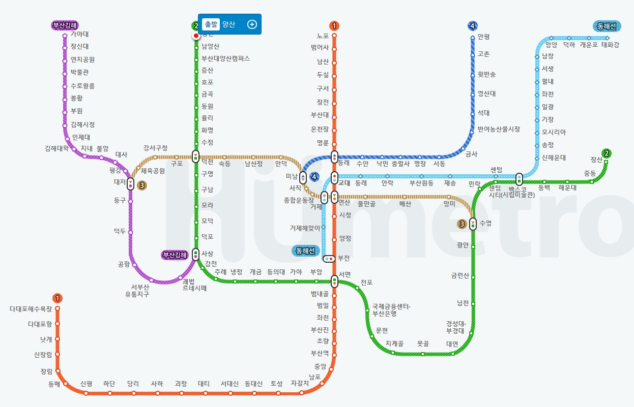 노선도 지도 위에서 특정 역을 출발역으로 설정한 모습