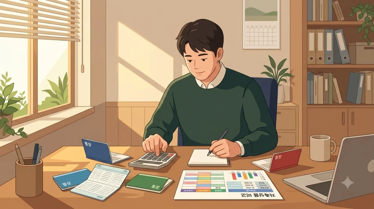 한국인 청년 남성이 사무실 책상에 앉아 적금 상품 비교표와 통장을 펼쳐놓고 계산기로 금액을 확인하는 장면.