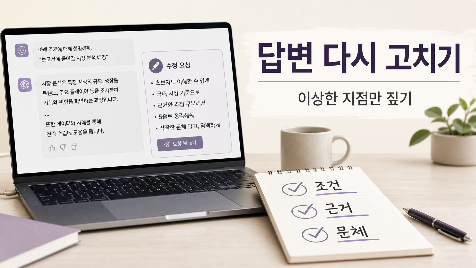 ChatGPT 답변이 이상할 때 조건 사실 문체를 다시 점검하는 노트북 화면