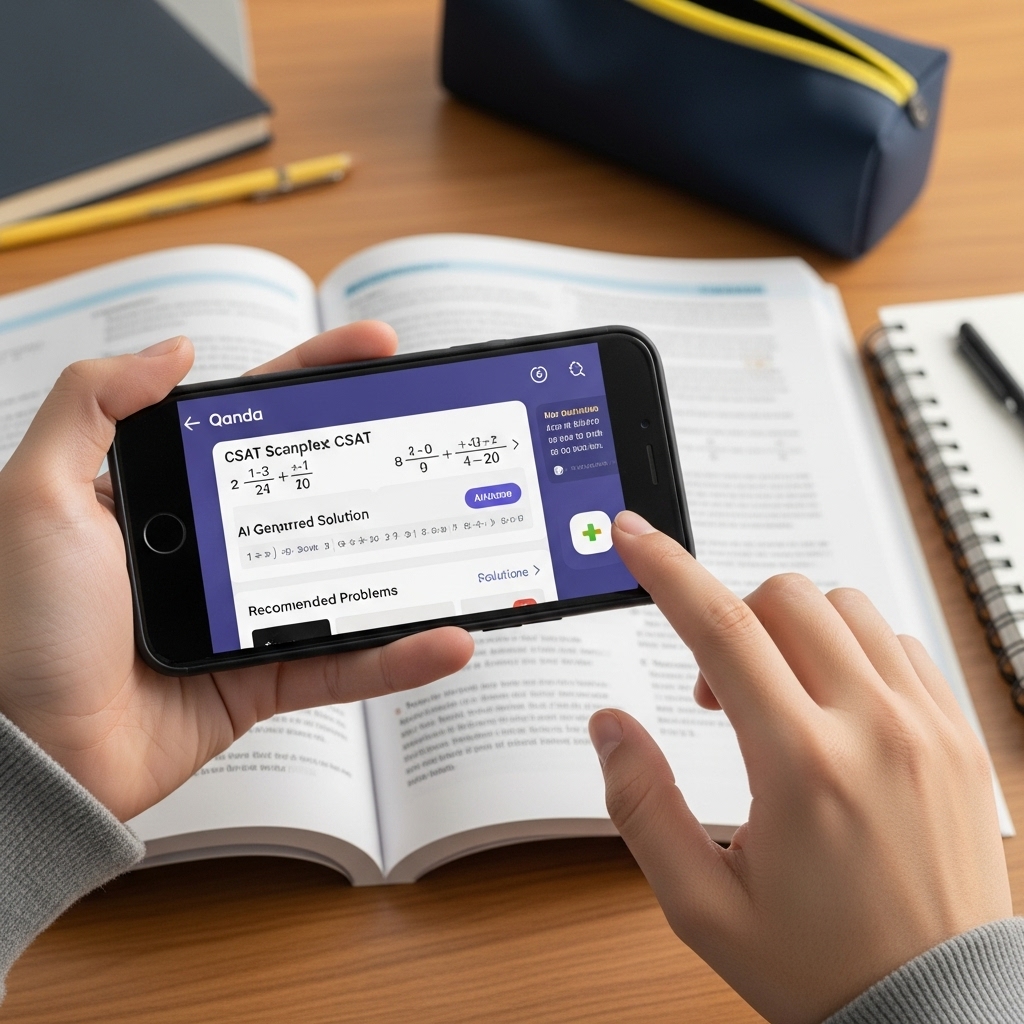 콴다 앱으로 수능 수학 문제를 스캔하고 AI가 제공하는 풀이와 추천 문제를 확인하는 학생의 손.1
