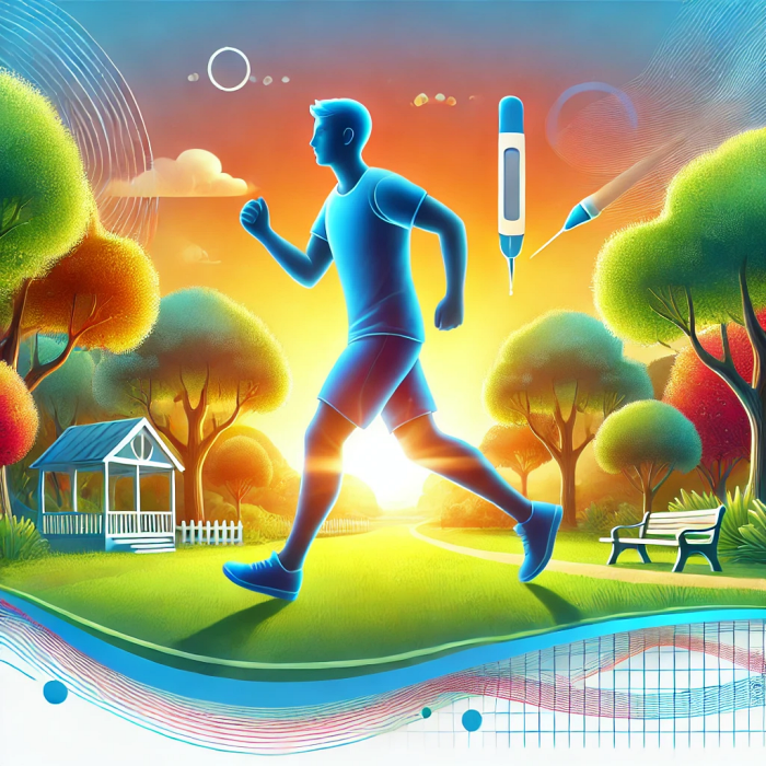 혈당 조절을 위해 아침에 조깅하는 사람의 모습.