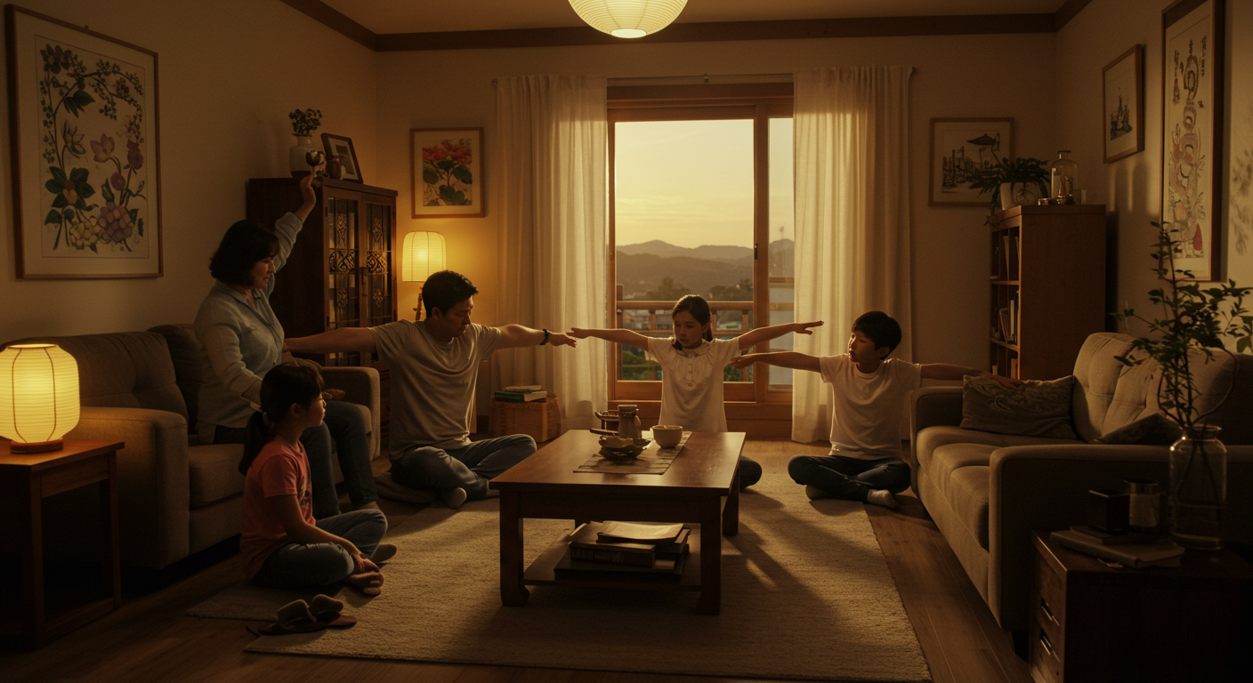 저녁 식구들과 함께 스트레칭하며 몸을 편하게 하고 있는 중