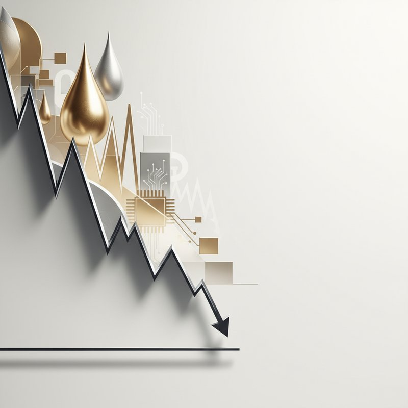 디지털 주식 차트가 급락하고 복합적인 경제 문제들을 암시하는 배경, 매거진 에디토리얼 스타일.