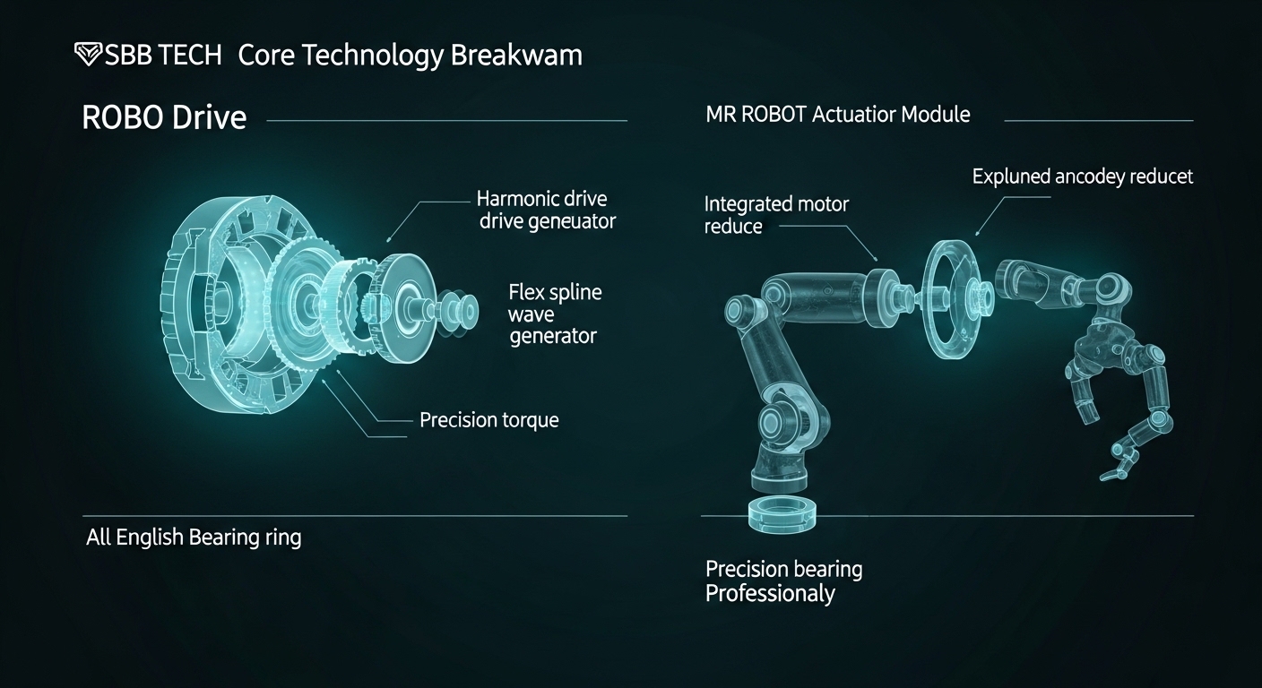 SBB Tech core technology breakdown dark teal background left large panel ROBO Drive harmonic drive reducer exploded cross section diagram flex spline wave generator circular spline gear mesh teal glow precision torque robot arm joint right large panel MR ROBOT actuator module exploded view integrated motor encoder reducer wrist joint humanoid robot assembly bottom small panel precision bearing ring component all English labels professional dark glowing