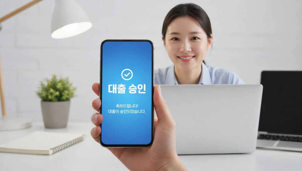 스마트폰 화면에 '대출 승인' 문구가 표시되어 기뻐하는 손의 클로즈업