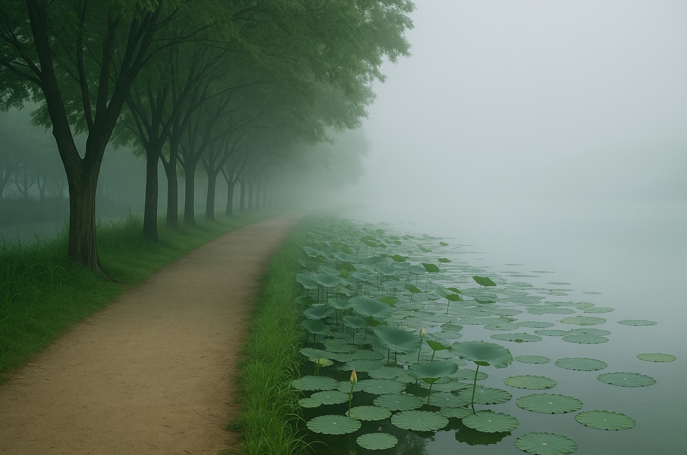 연꽃길 사이 안개가 보이는 사진