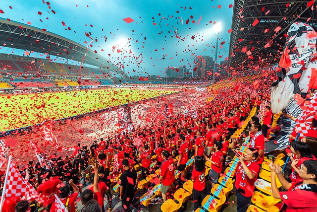 축구를 응원하는 축구 팬의 모습을 담은 사진