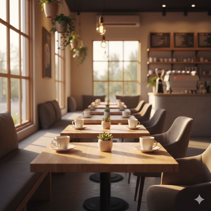 뜻한 전구색 조명이 비치는 카페 내부의 아늑한 전경과 깔끔하게 정돈된 원목 테이블들