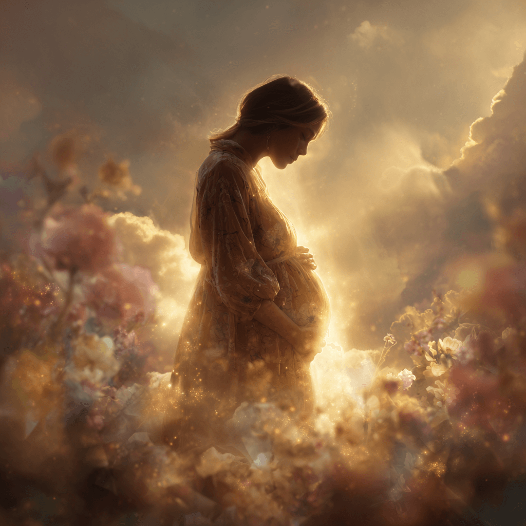 꿈속에서 임신한 여성이 빛나는 배를 감싸 안고 있는 몽환적인 장면, 따뜻한 황금빛과 꽃, 구름이 어우러진 환상적인 분위기