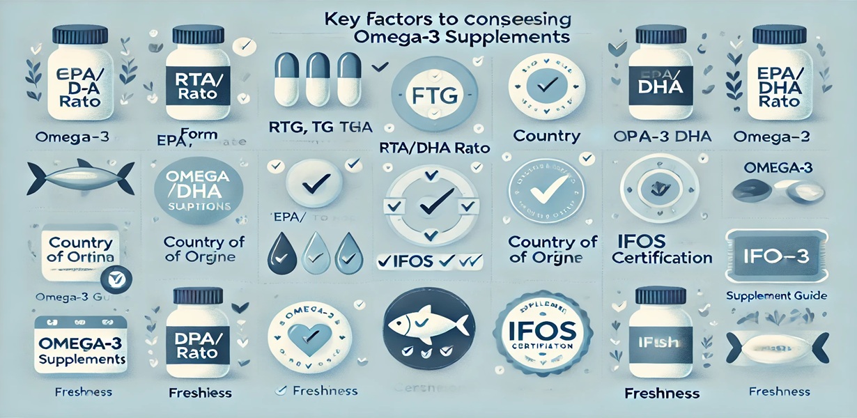 오메가3 선택 시 고려해야 할 요소 – 흡수율 높은 rTG, EPA DHA 비율, 원산지, IFOS 인증, 신선도 등 핵심 기준 인포그래픽