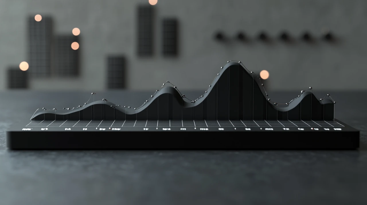 2025년 국내상장 미국 ETF 투자 차트를 통해 위험등급별로 분류된 ETF의 다양한 성과를 시각적으로 보여주는 다이어그램. 금융 환경의 현대적 요소와 차분한 조명이 강조됨