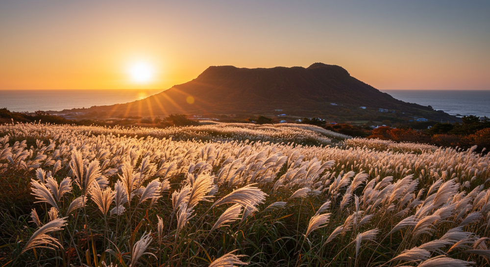 은빛 억새가 가득한 제주 새별오름의 가을 풍경