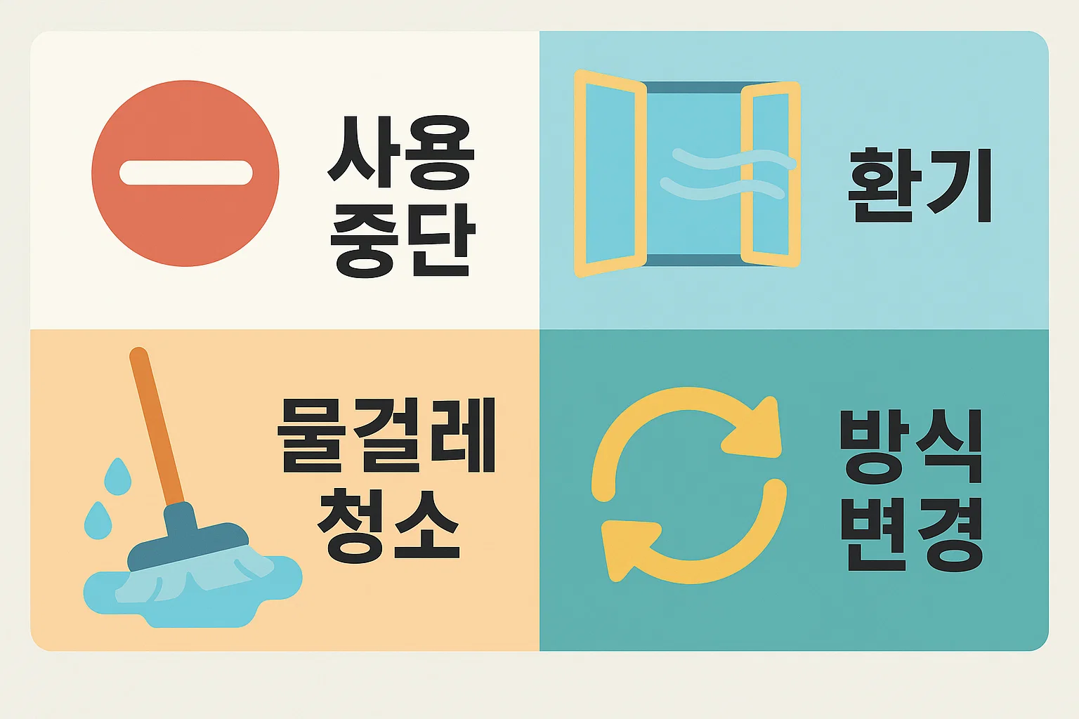 하얀가루가 보일 때 사용 중단 환기 물걸레 청소 가습기 방식 변경 등 즉각적인 대응 순서를 안내한 실전 대처 이미지입니다