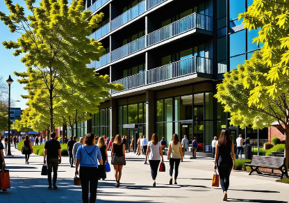 주상복합 아파트와 그 앞을 지나는 사람들