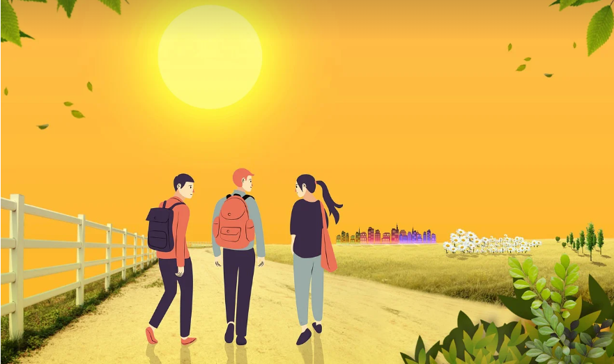 대화를 나누는 학생들 해가지는풍경 가방을 매고 나란히 산책하는 세사람