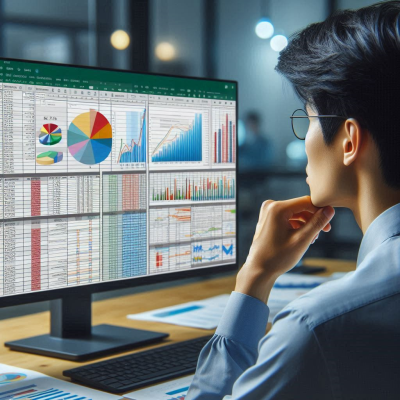 여러 화면에 다양한 그래프와 데이터를 보여주며 분석하는 모습