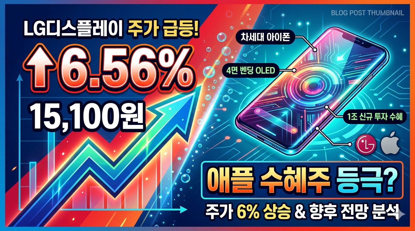 LG디스플레이 주가 6.56% 급등 및 15,100원 달성 차트, 애플 차세대 아이폰용 4면 벤딩 OLED 기술 협력 및 1조 규모 신규 투자 수혜를 강조하는 주식 분석 블로그 썸네일 이미지