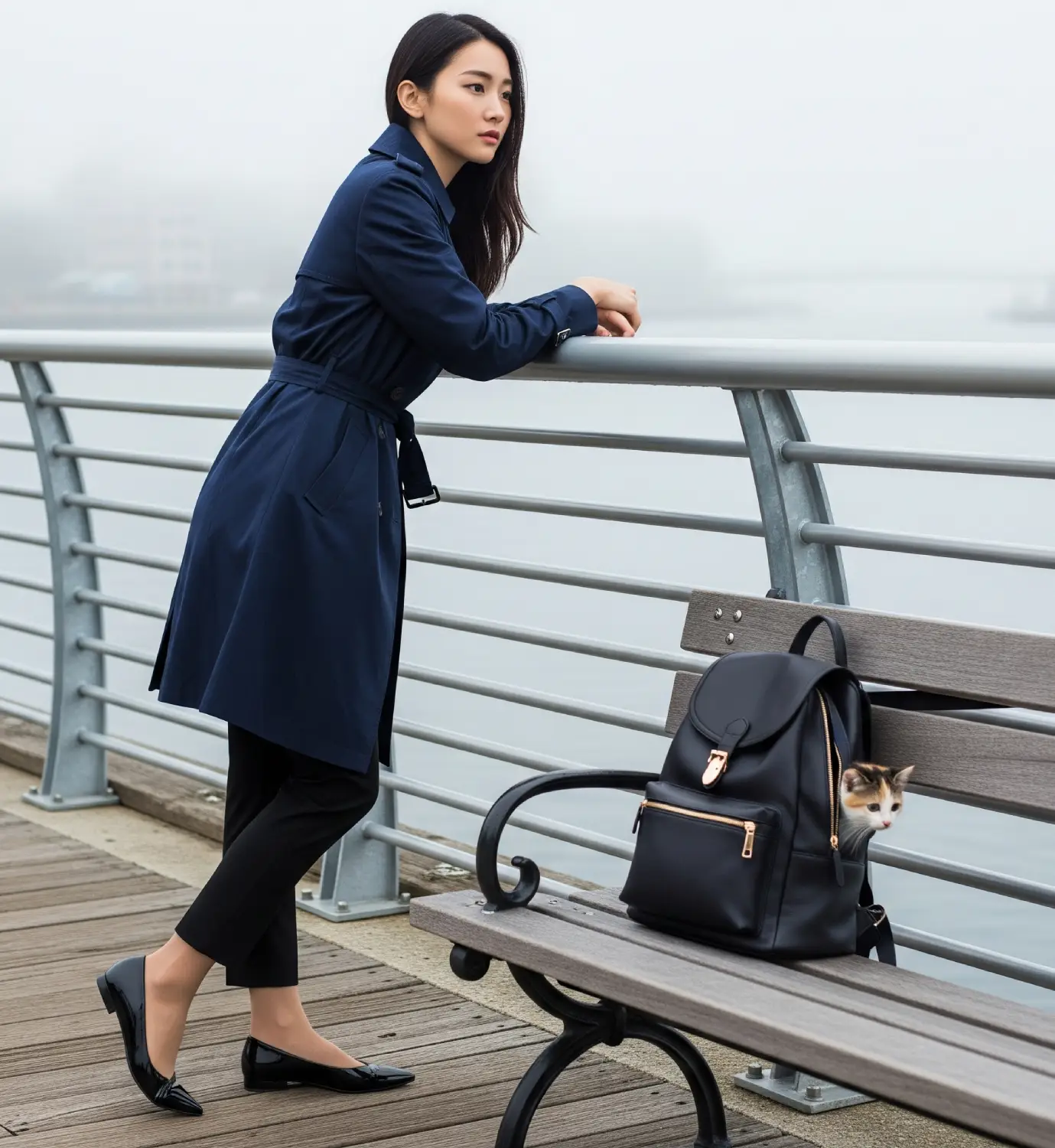 A Korean woman standing at the Halifax waterfront, looking thoughtfully at the sea as she considers her new life in Canada.