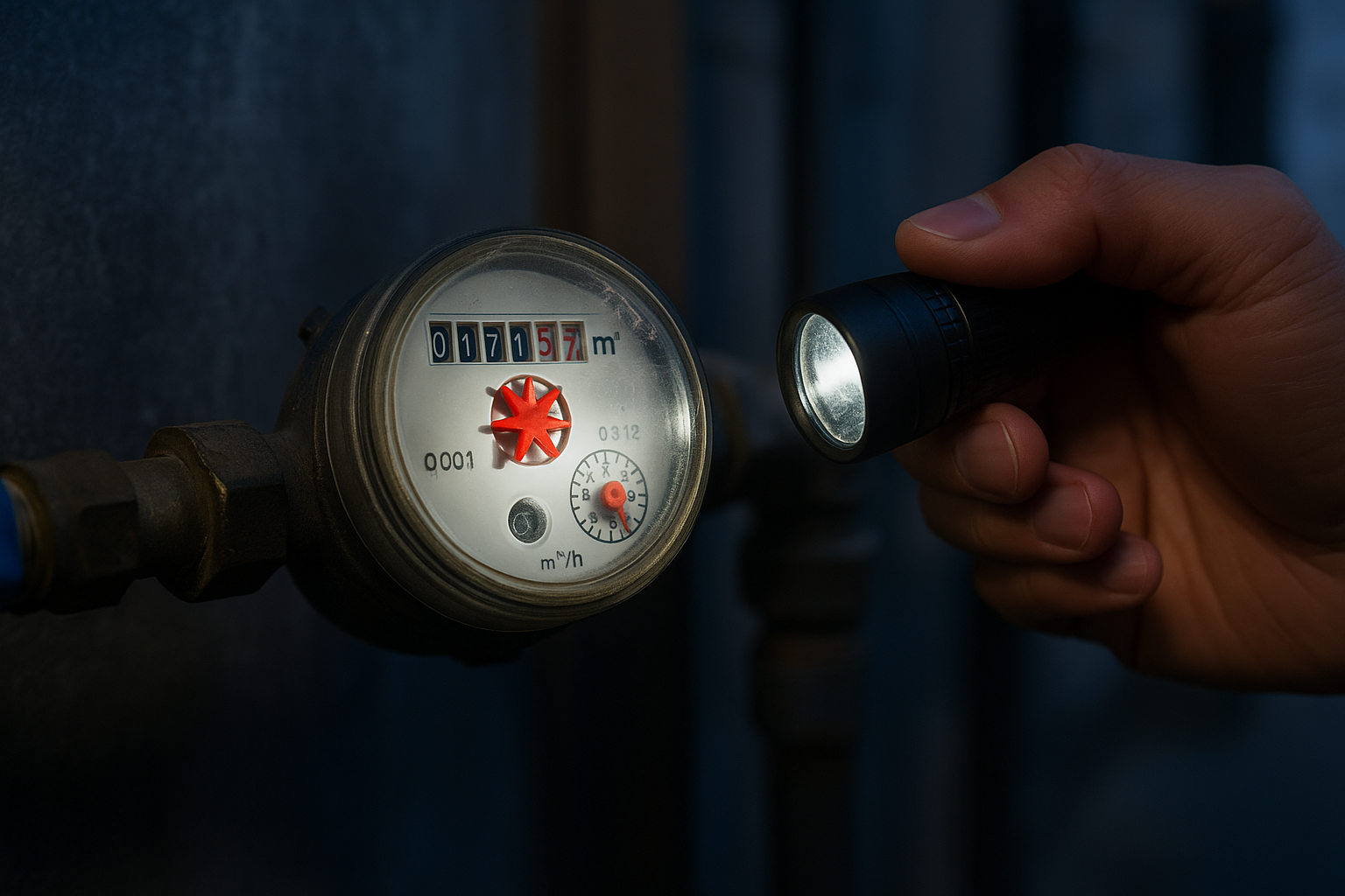 수도계량기의 빨간 별침을 손전등으로 비추며 누수 여부를 점검하는 장면