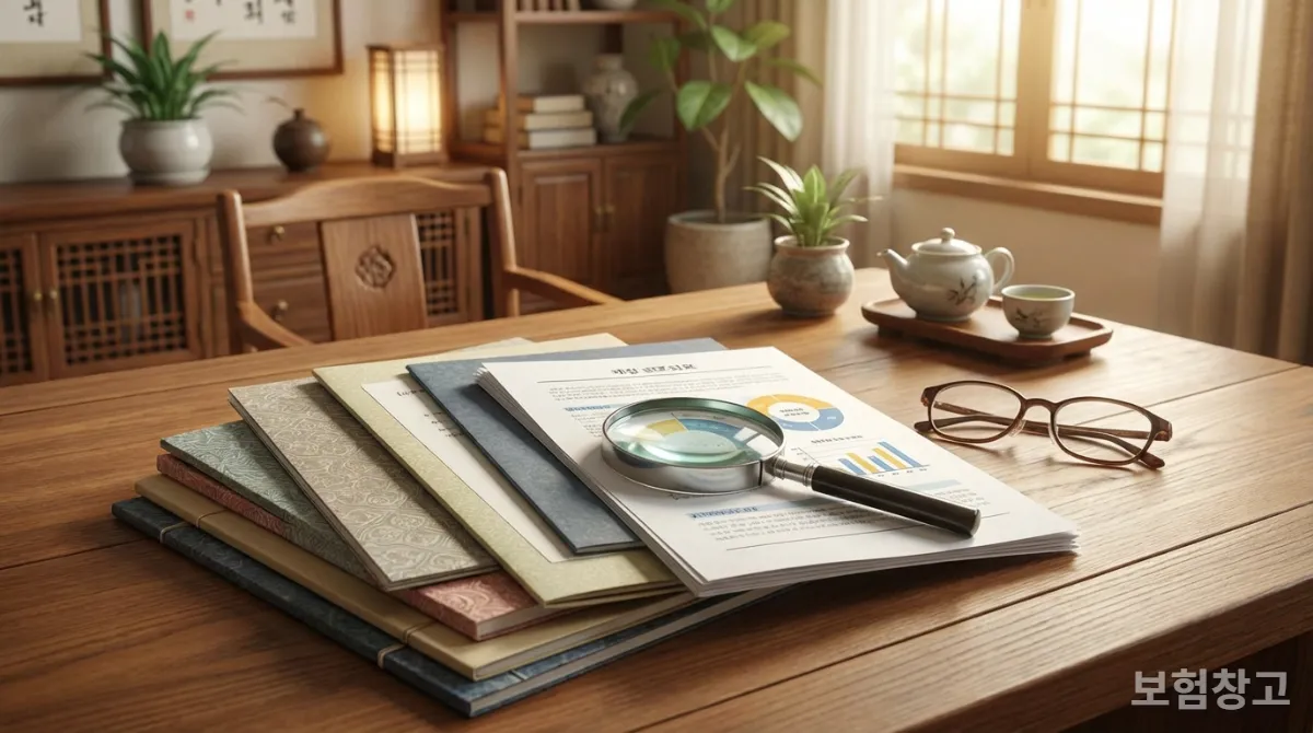 금리확정형 종신보험 서류와 돋보기가 놓인 책상