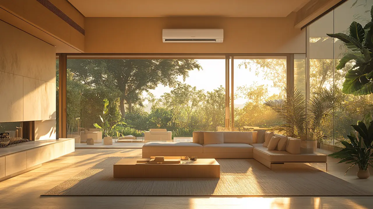 매끄러운 렌탈 서비스로 편리함을 누리는 집안. 신선한 분위기와 현대적 감각이 더해져, 에어컨 관리의 쉬움을 표현.