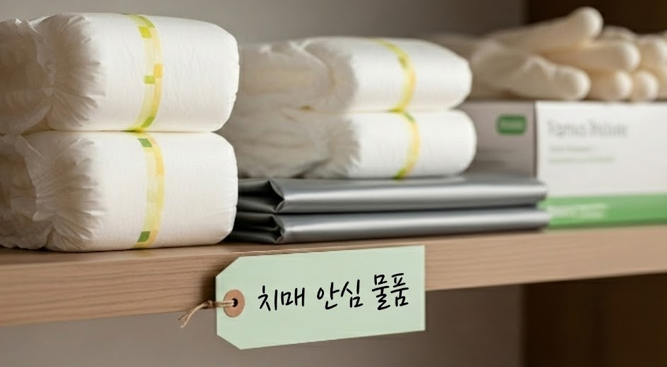 치매 환자를 위한 기저귀, 방수 매트 등 다양한 조호물품들이 깨끗하게 정돈된 모습.
