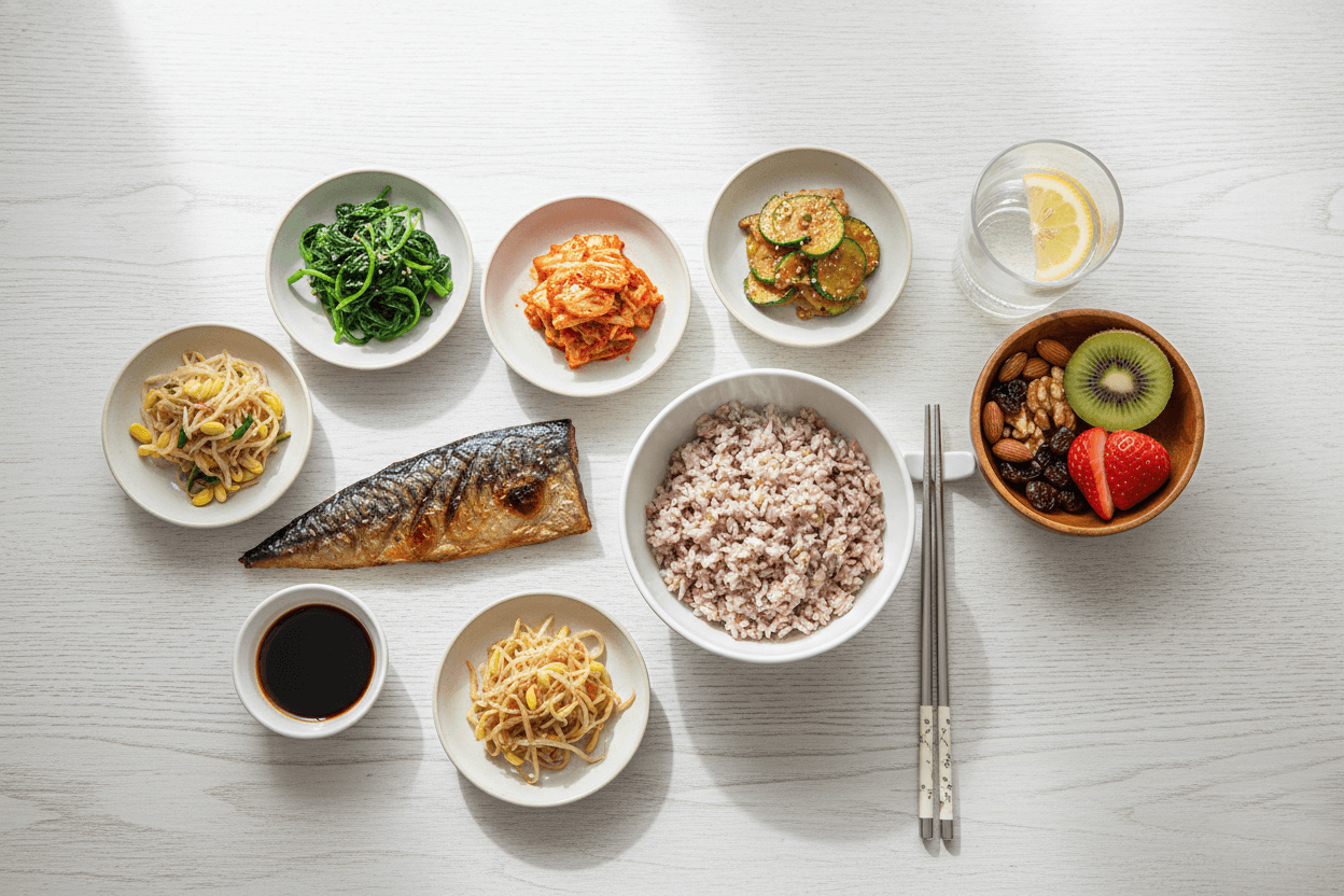 통곡물밥과 생선구이, 채소 샐러드, 견과류가 함께 한 접시에 담긴 콜레스테롤 관리용 한 끼 식단