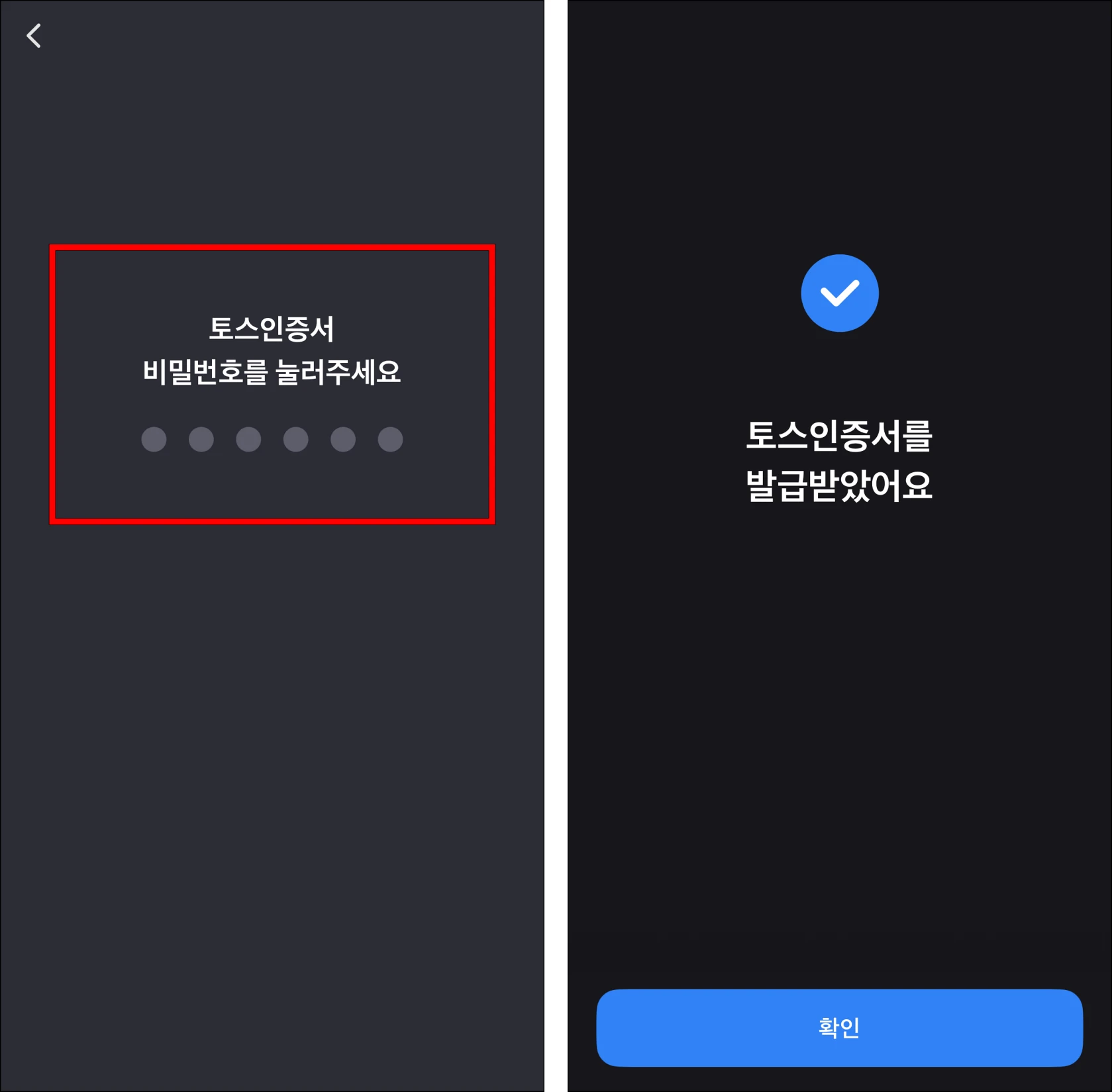 토스 인증서의 비밀번호를 설정하면 인증서 발급이 완료