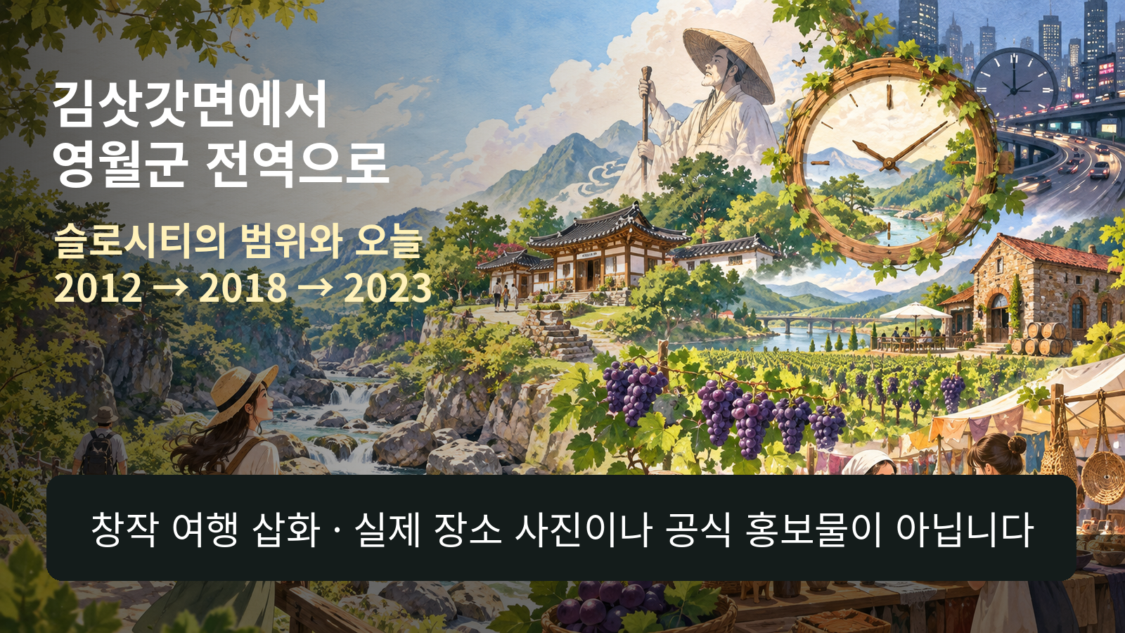 계곡과 포도밭, 문학관을 통해 김삿갓면 슬로시티를 표현한 창작 여행 삽화