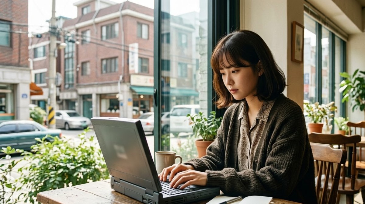 노트북으로 노동포털 진정서를 작성하는 모습