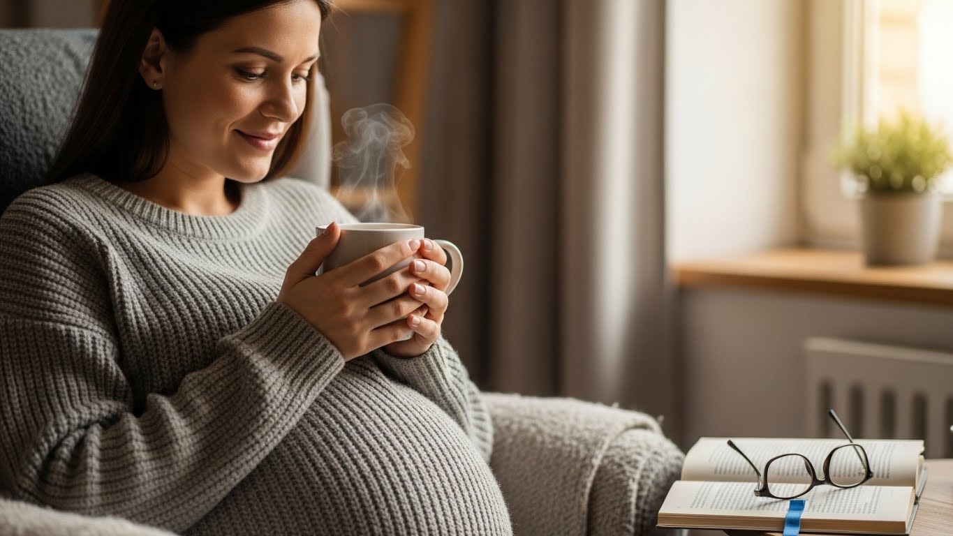임산부가 따뜻한 커피 한 잔을 들고 편안하게 휴식하는 모습